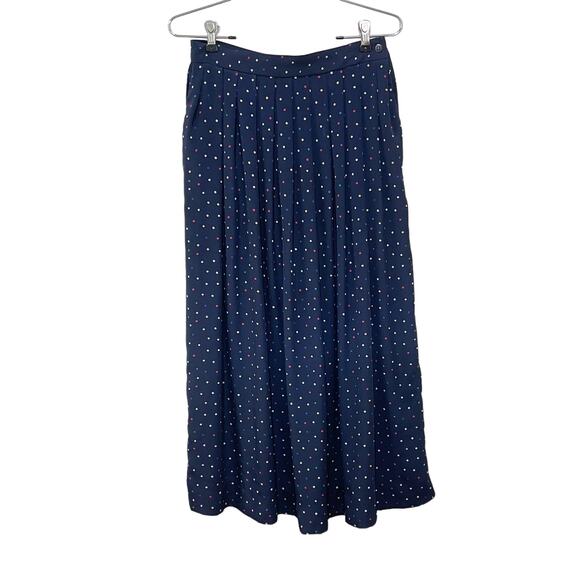 Talbots Women's Size 8 Vintage 80s 90s Navy Blue Pleated Polka Dot Midi Skirt - Picture 1 of 7